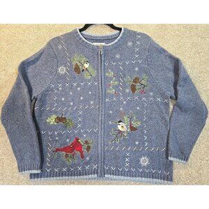 Croft & Barrow Ramie Silk Blend Sweater Winter Birds Pine Appliques PL Petite